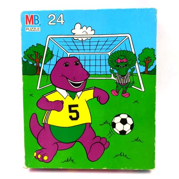 Vintage 1993 Barney & Baby Bop Soccer Ball Goal Puzzle 24 Pcs 12.5x15" Complete - Picture 1 of 4